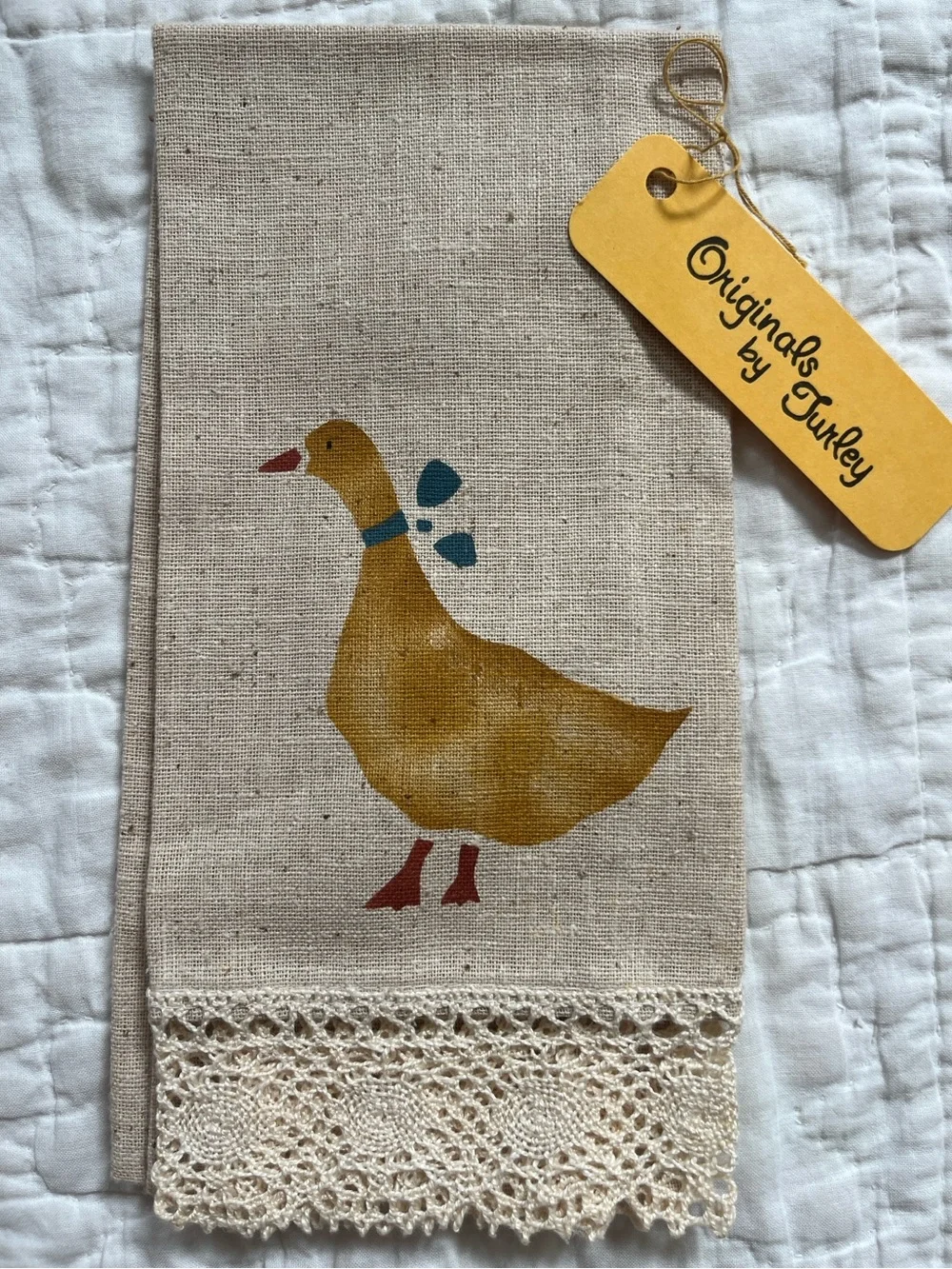 NWT Vtg Linen Kitchen Tea Towel Fingertip Farmhouse Stencil Lace Pineapple Goose